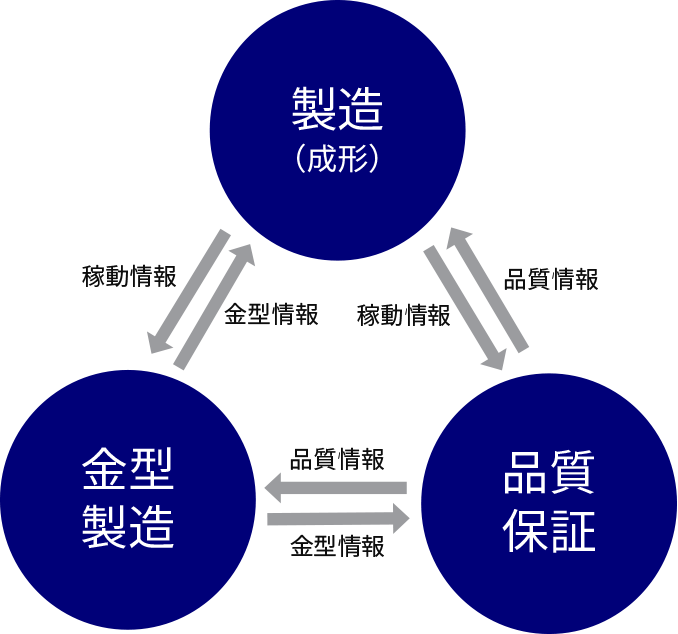 3つの部門の連携を示す図。製造（成形）、金型製造、品質保証の3つの円が三角形状に配置され、双方向の矢印で結ばれています。各部門間で共有される情報として、製造と金型製造の間には「稼動情報、金型情報」、製造と品質保証の間には「稼動情報、品質情報」、金型製造と品質保証の間には「品質情報、金型情報」が示されています。
